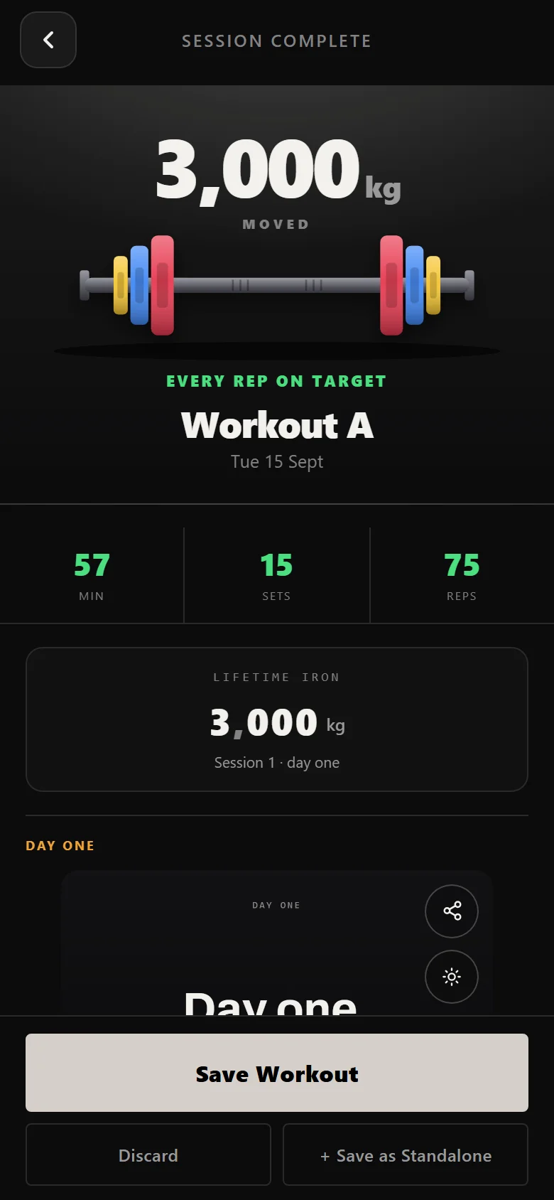 Durata session complete screen for a novice 5x5 workout
