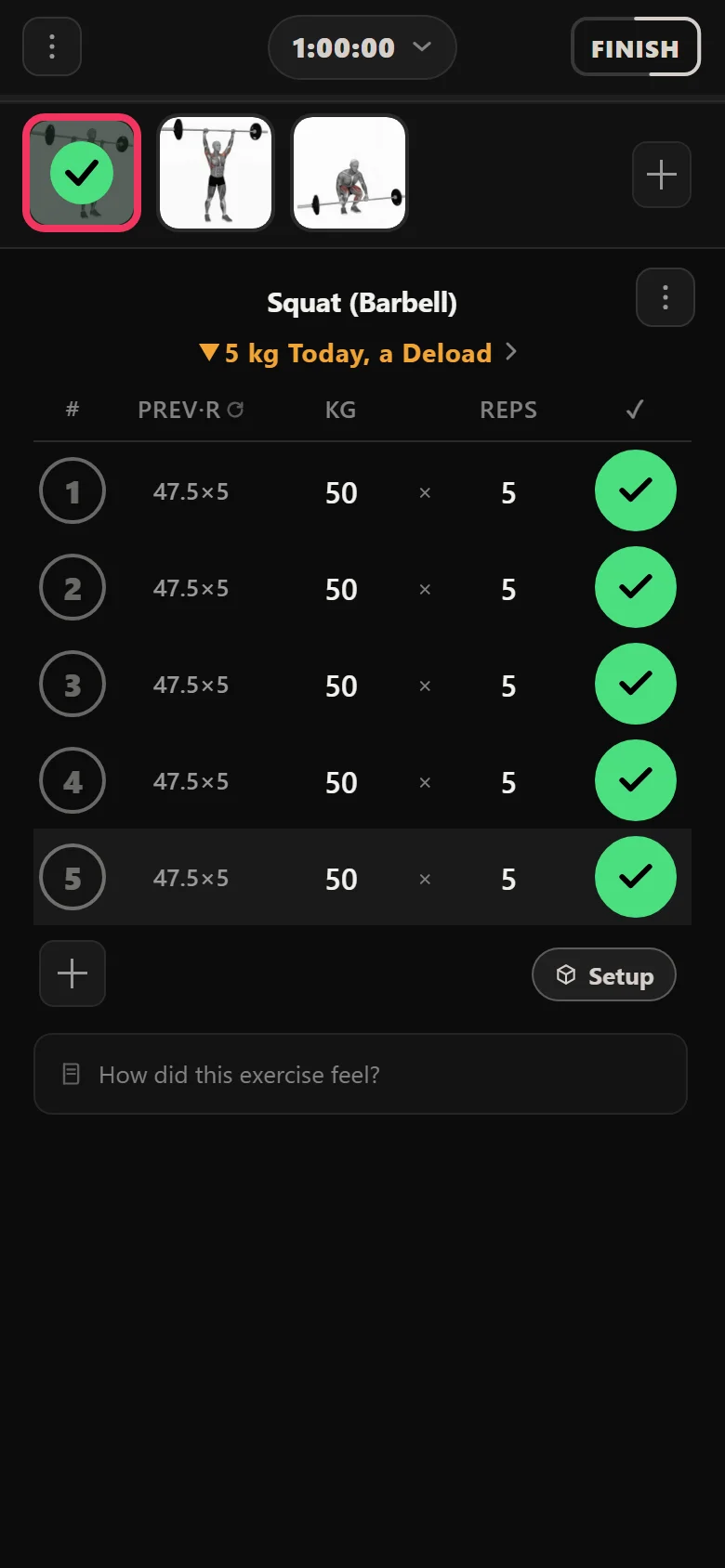 Durata applying an automatic 10 percent deload after three failed sessions, the squat cut to 50 kg