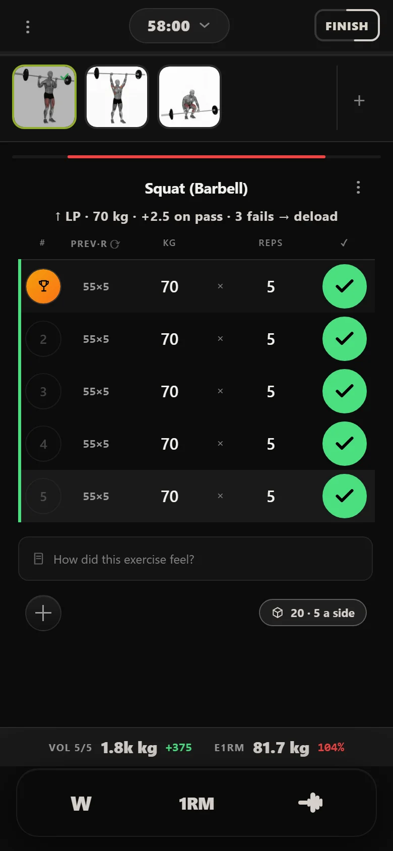 Durata logger: novice 5×5 squat, session eighteen, 70 kg on 5×5