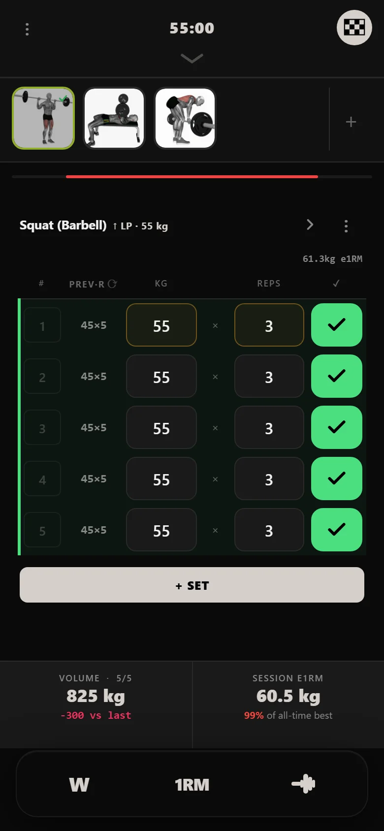 A missed novice 5x5 squat session in Durata: 55 kg for 3 reps on all five sets