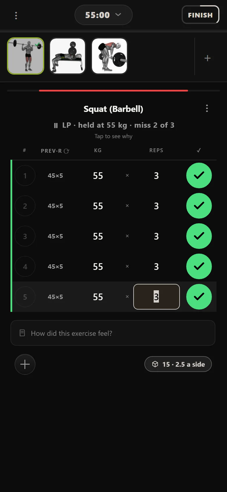 A missed novice 5x5 squat session in Durata: 55 kg for 3 reps on all five sets