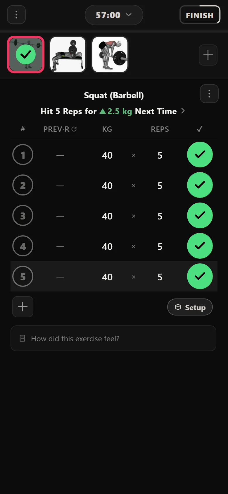 Novice 5x5 squat session in Durata at 40 kg