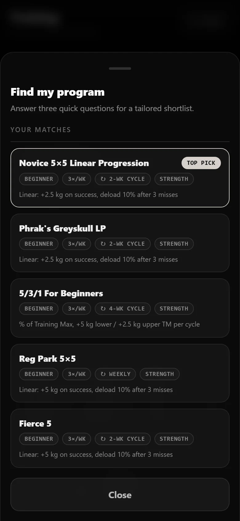 Durata finder results for a beginner strength profile