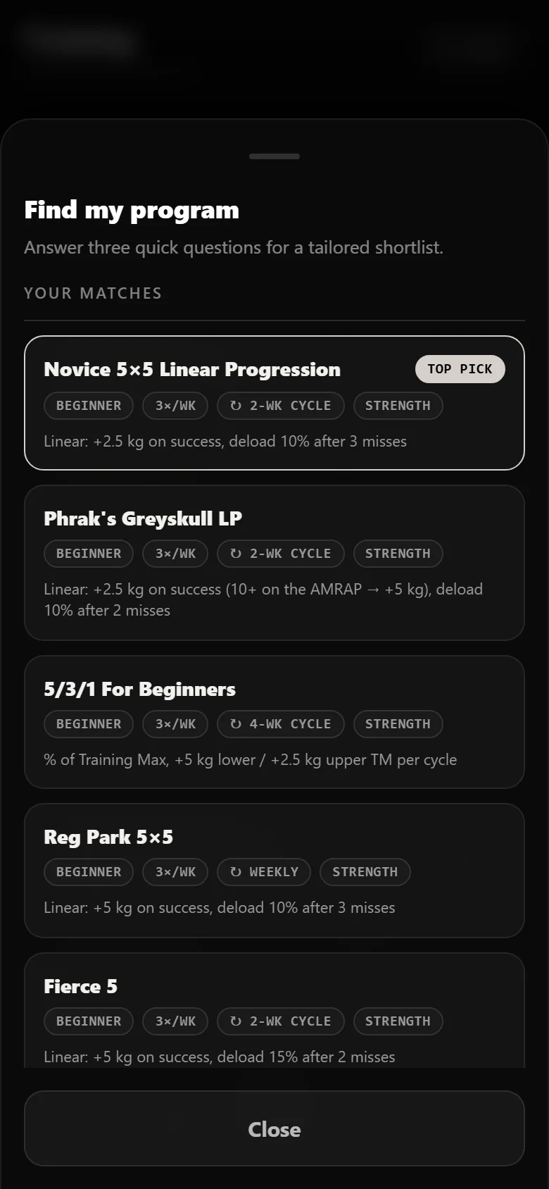 Durata finder results for a beginner strength profile