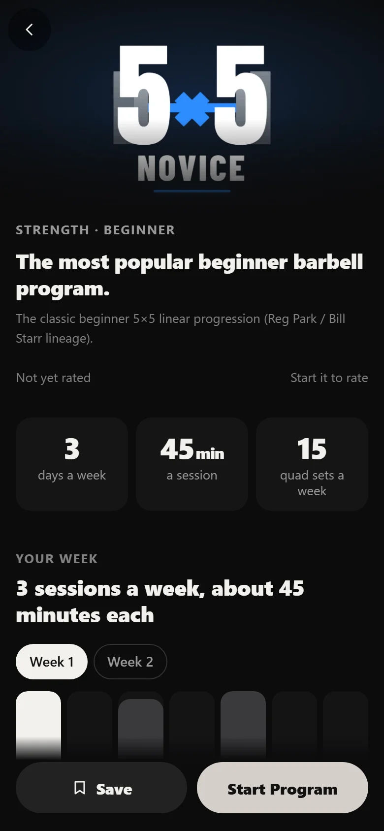 The Novice 5×5 Linear Progression program page in Durata showing the week of sessions before you start