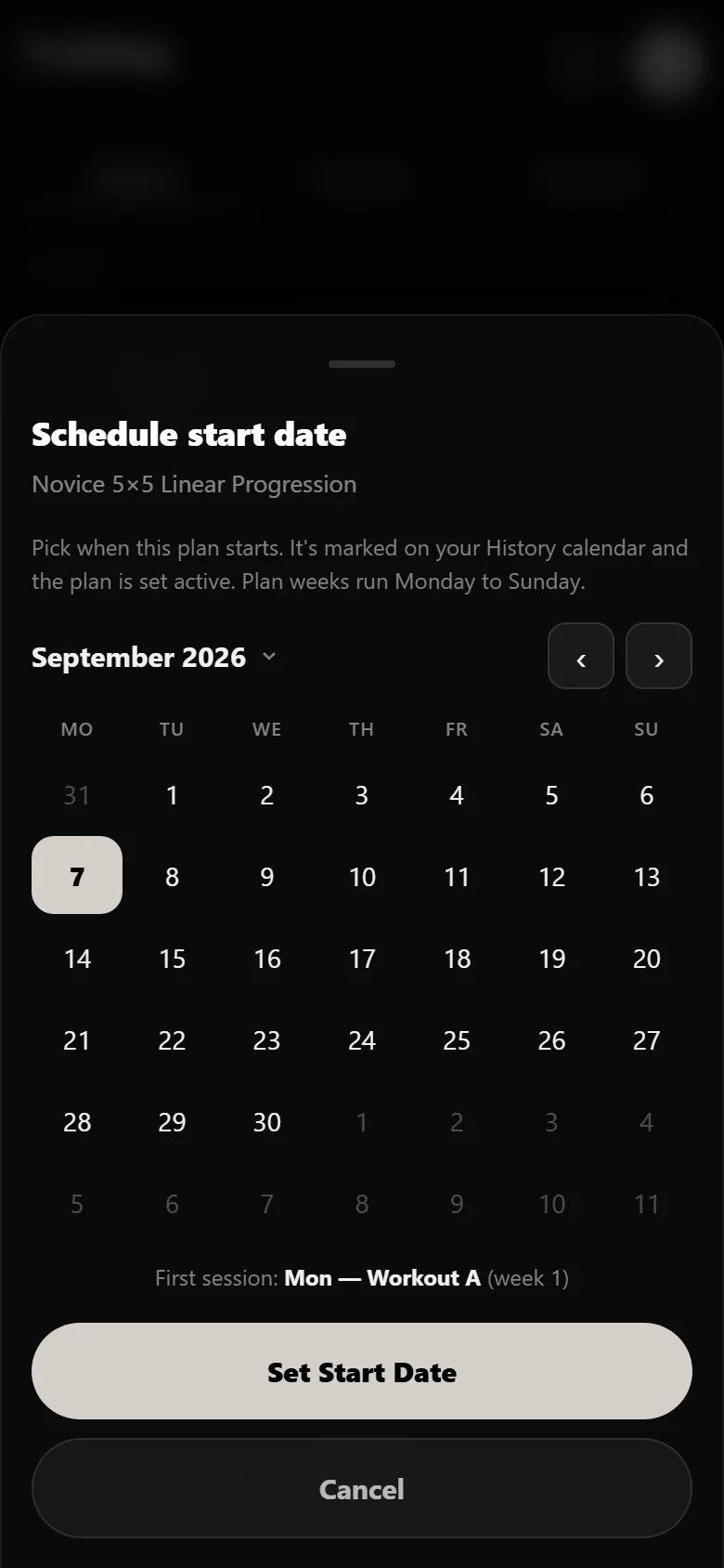 Choosing a start date for a novice 5x5 program in Durata, marked on the history calendar