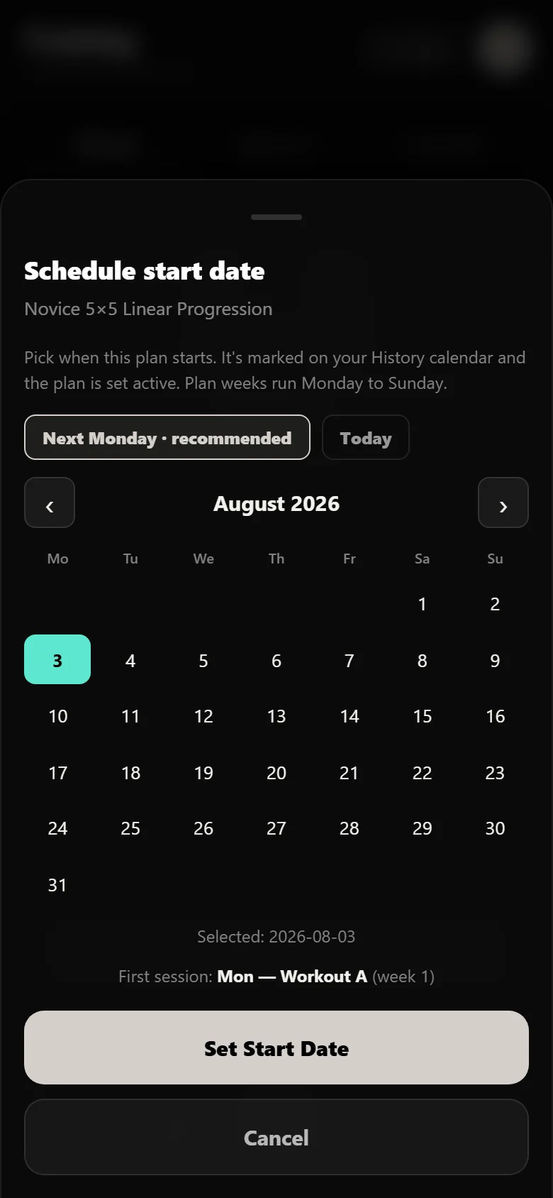 Choosing a start date for a novice 5x5 program in Durata, marked on the history calendar
