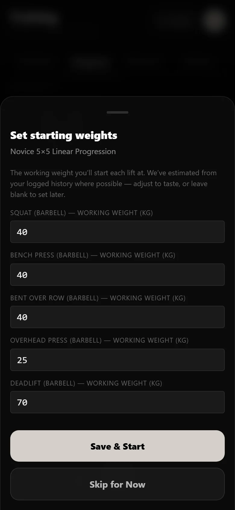 Setting starting working weights for a novice 5x5 in Durata, squat at 40 kg