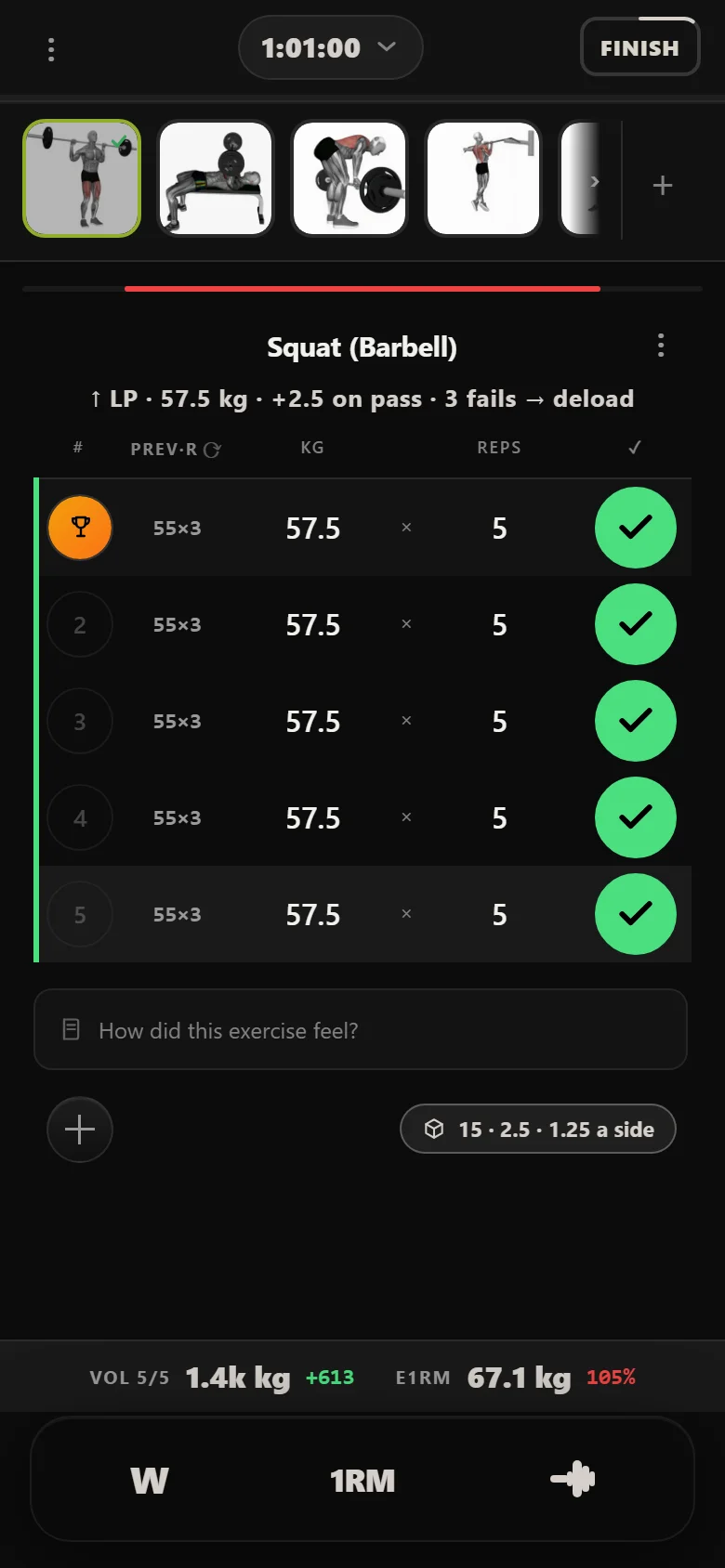 Squat at 57.5 kg in Durata, above the 55 kg that previously stalled the lifter