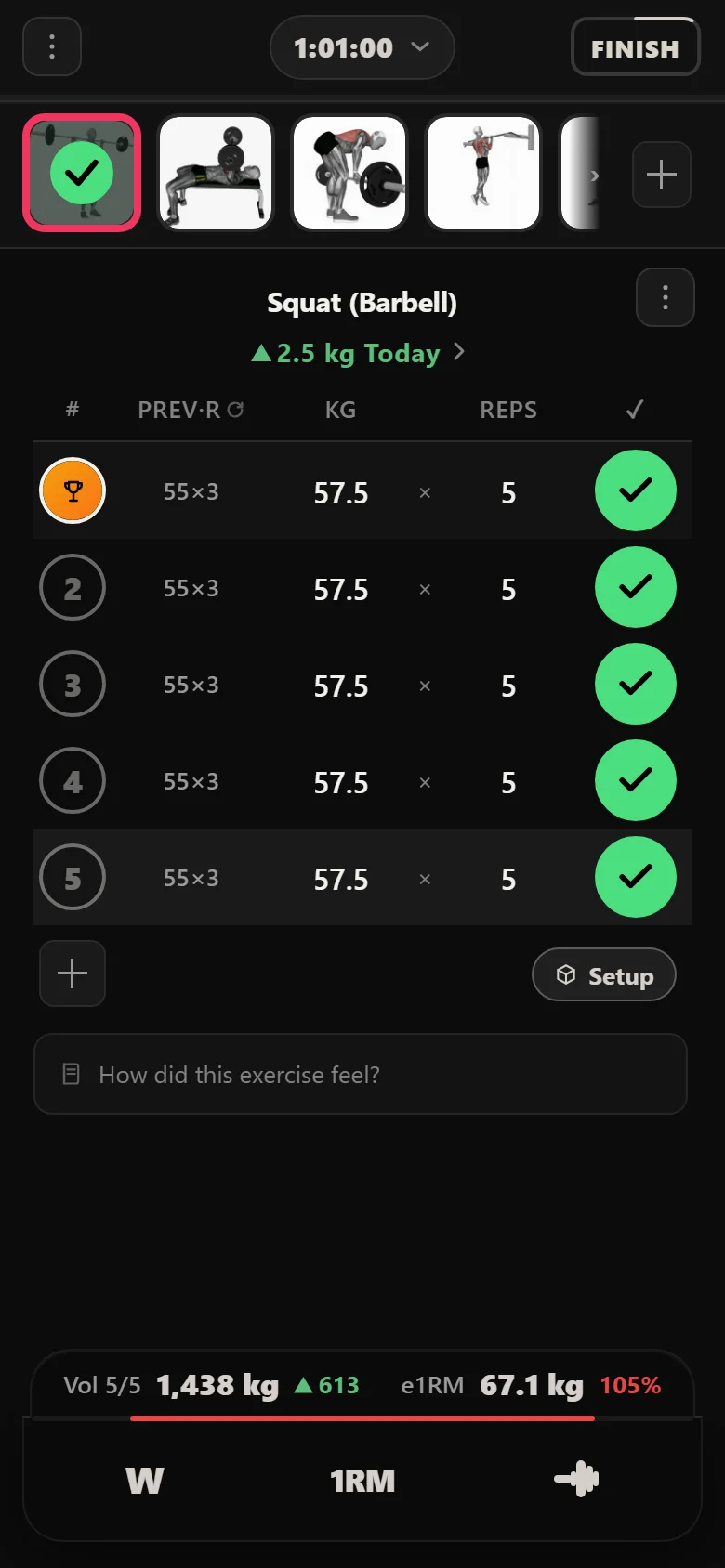Squat at 57.5 kg in Durata, above the 55 kg that previously stalled the lifter
