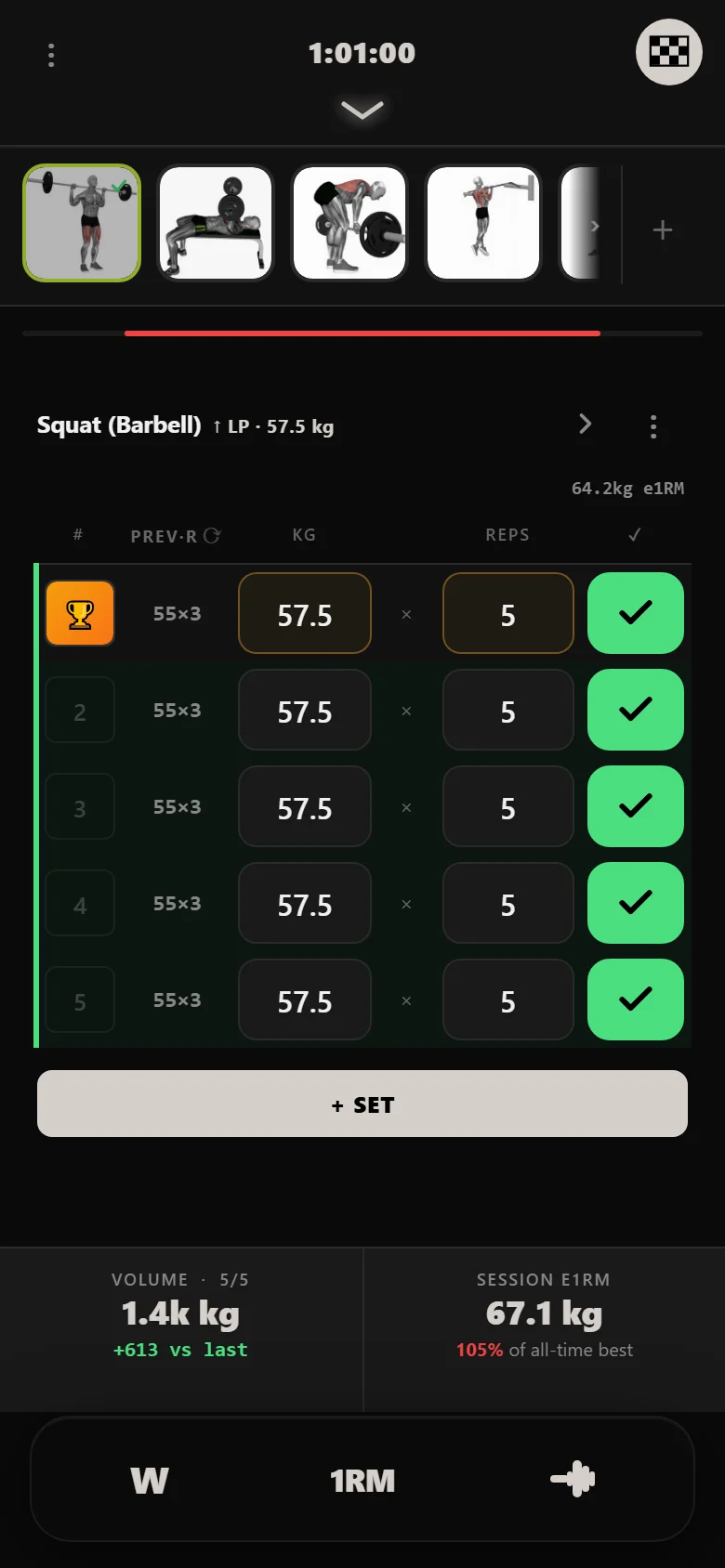 Squat at 57.5 kg in Durata, above the 55 kg that previously stalled the lifter