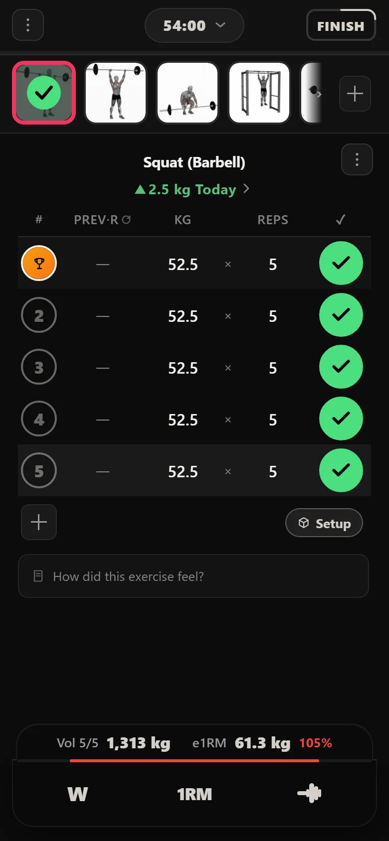 5x5 squat at 52.5 kg after six sessions of linear progression in Durata