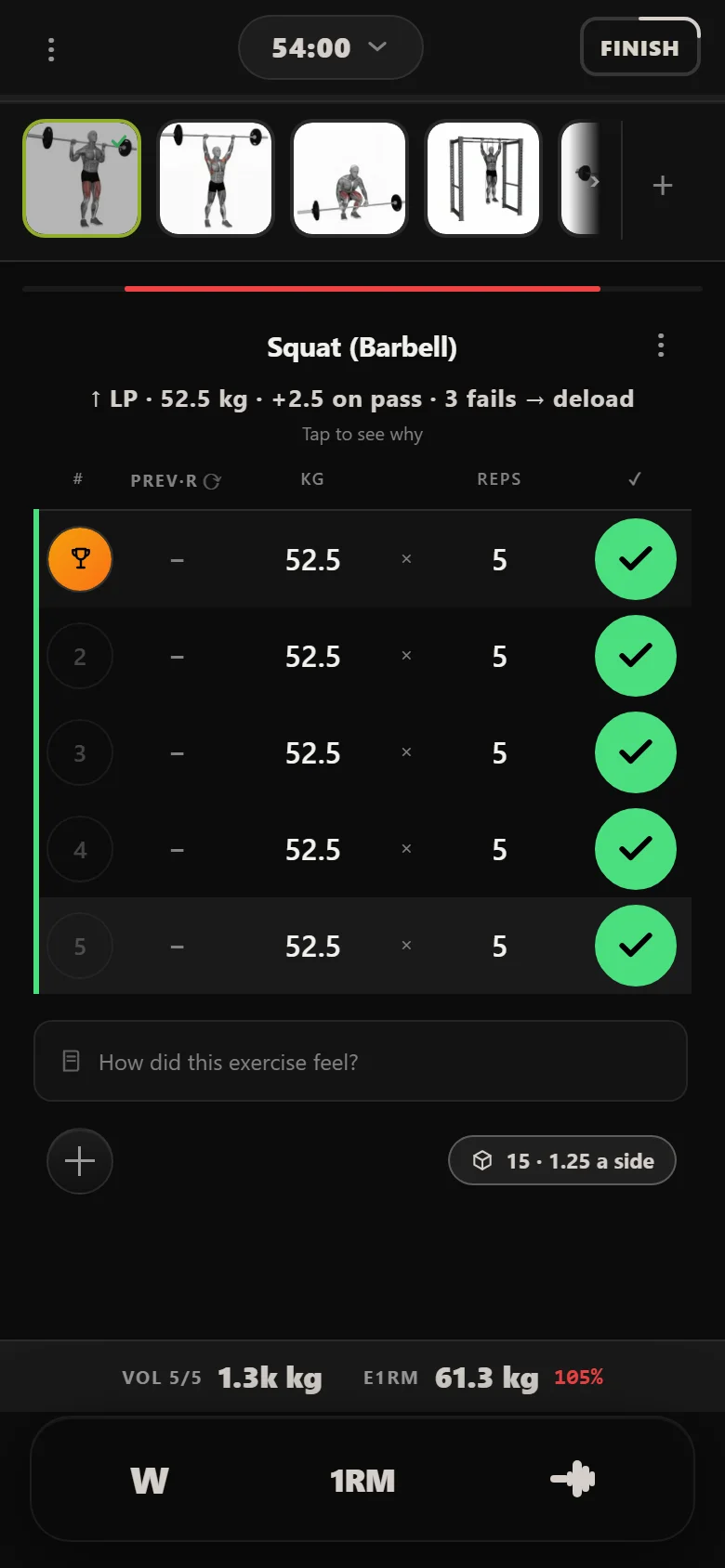 5x5 squat at 52.5 kg after six sessions of linear progression in Durata