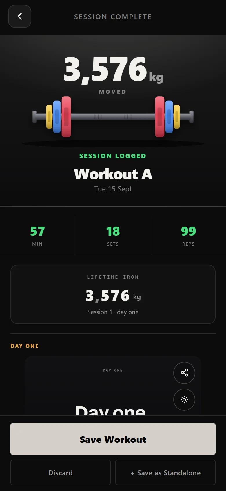 Durata session complete screen for a 5x5 workout