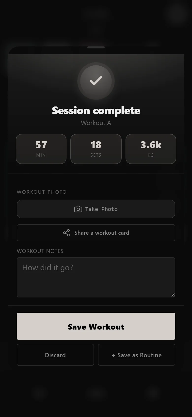 Durata session complete screen for a 5x5 workout