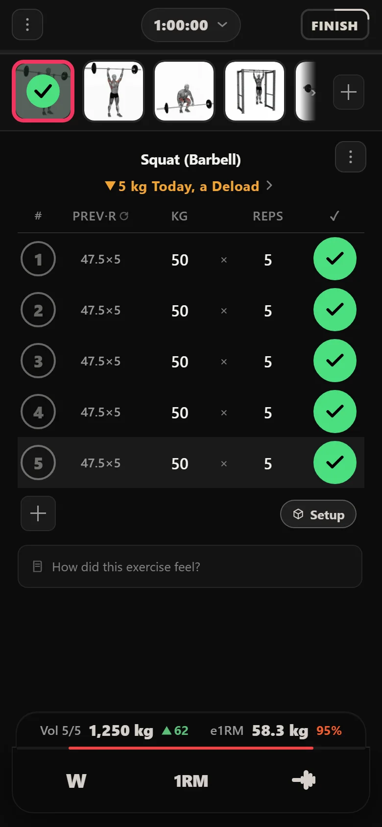 Durata applying an automatic 10 percent deload after three failed 5x5 sessions, the squat cut to 50 kg