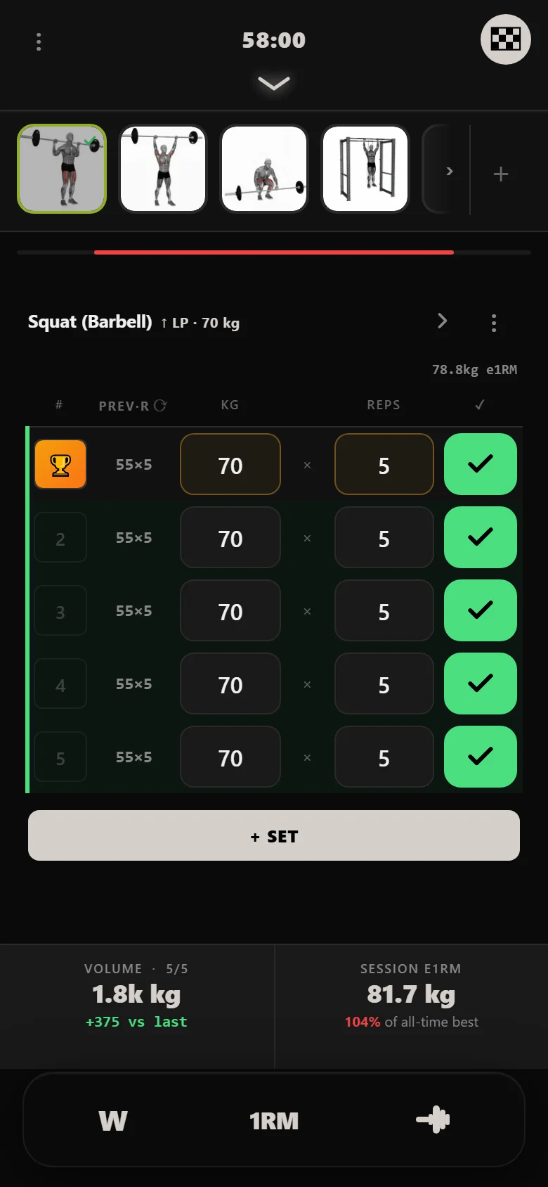 Durata logger — 5×5 squat, 70 kg on the bar, above the weight that stalled the first run