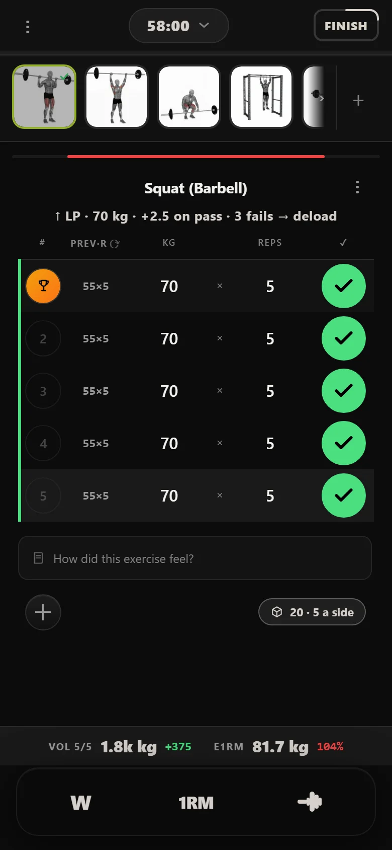 Durata logger: 5×5 squat, 70 kg on the bar, above the weight that stalled the first run