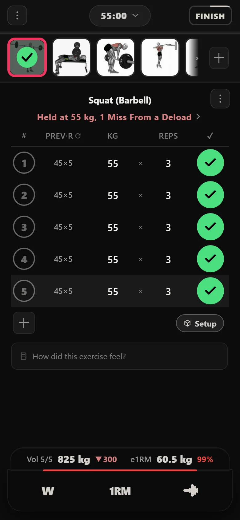 A missed 5x5 squat session in Durata: 55 kg for 3 reps on all five sets, volume 0 vs last