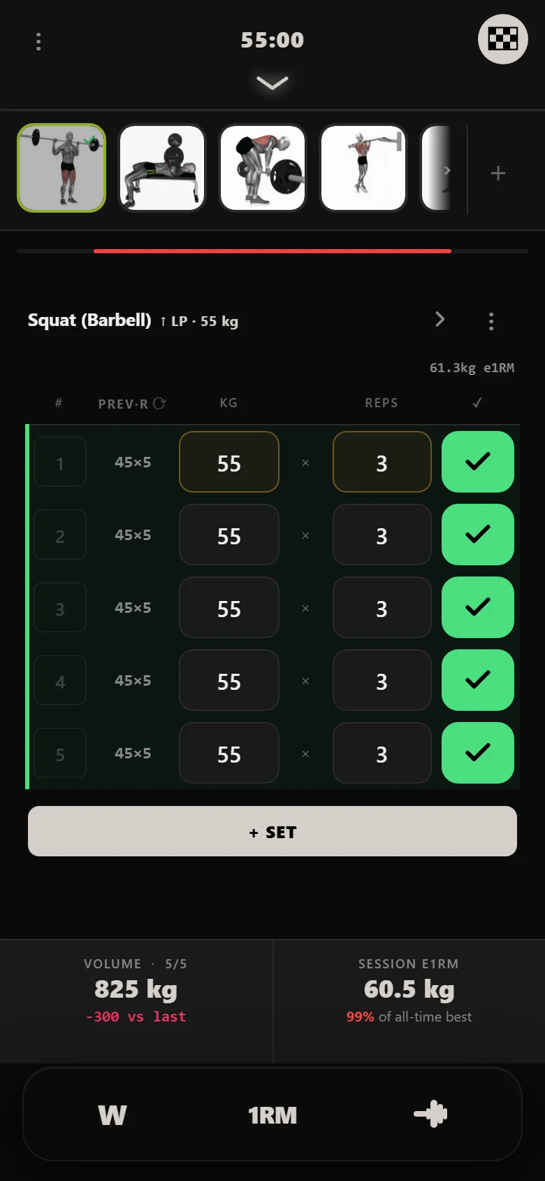 A missed 5x5 squat session in Durata: 55 kg for 3 reps on all five sets, volume 0 vs last