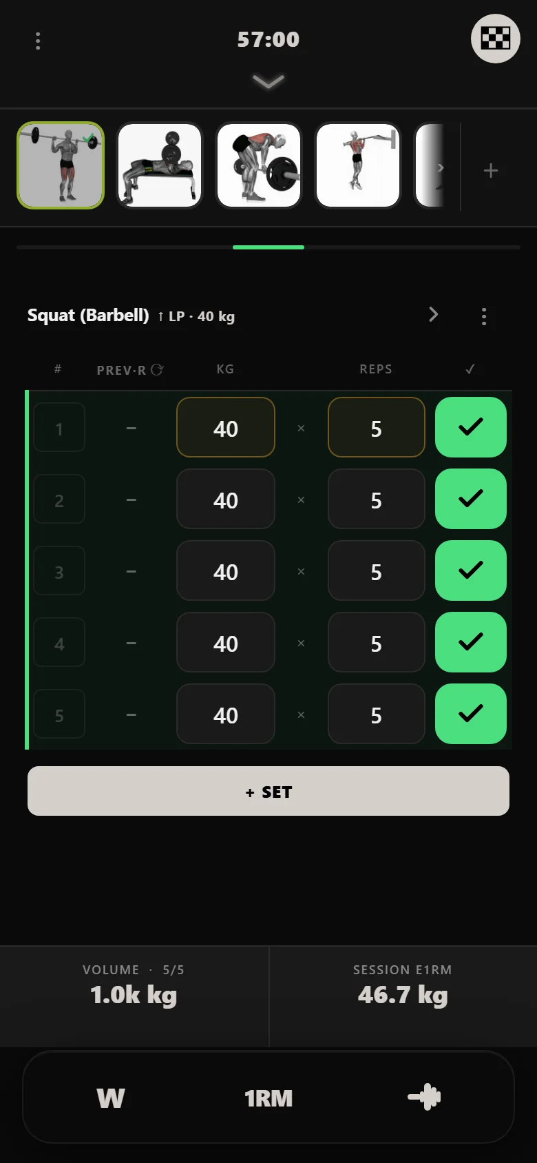 5x5 squat session in Durata at 40 kg with the LP chip visible
