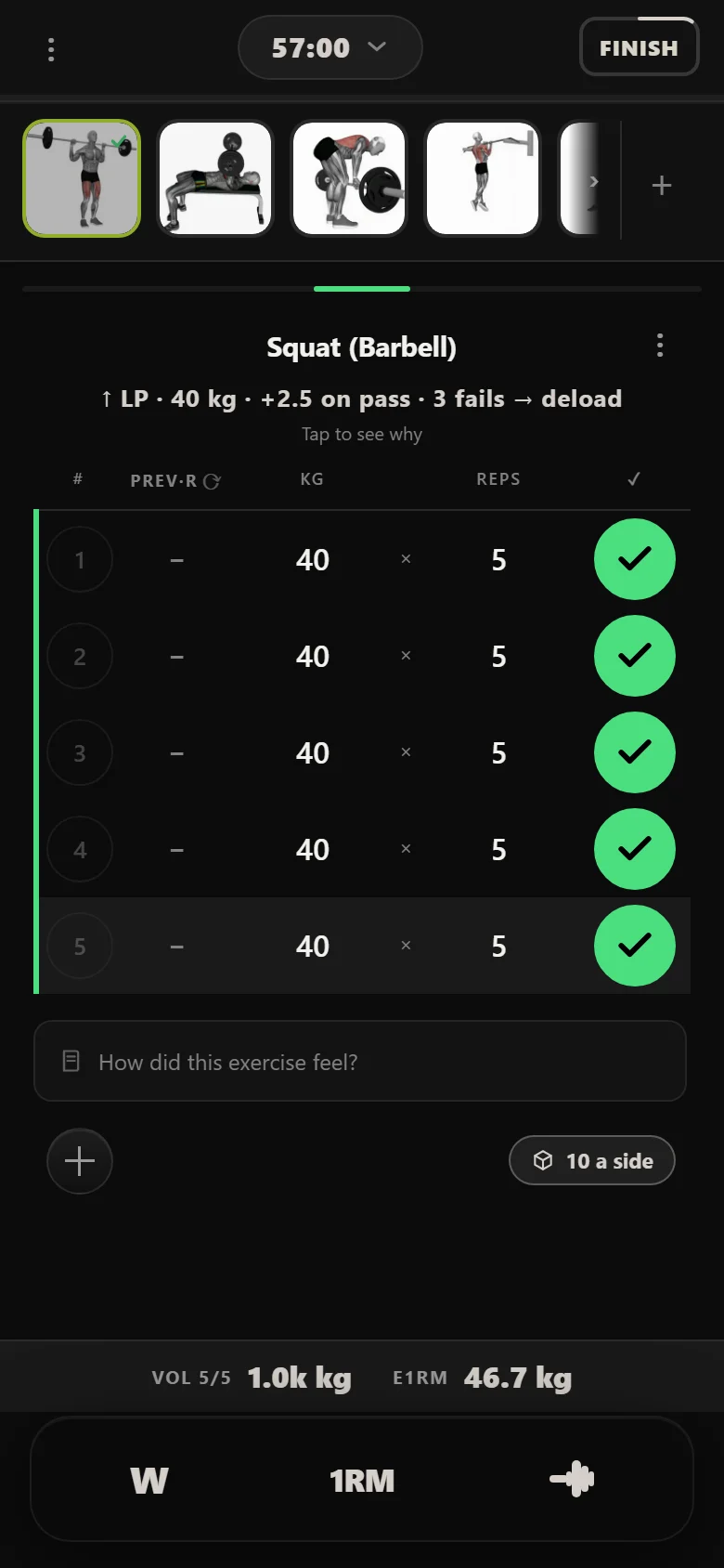 Durata logger: 5×5 squat session one, 40 kg on the bar