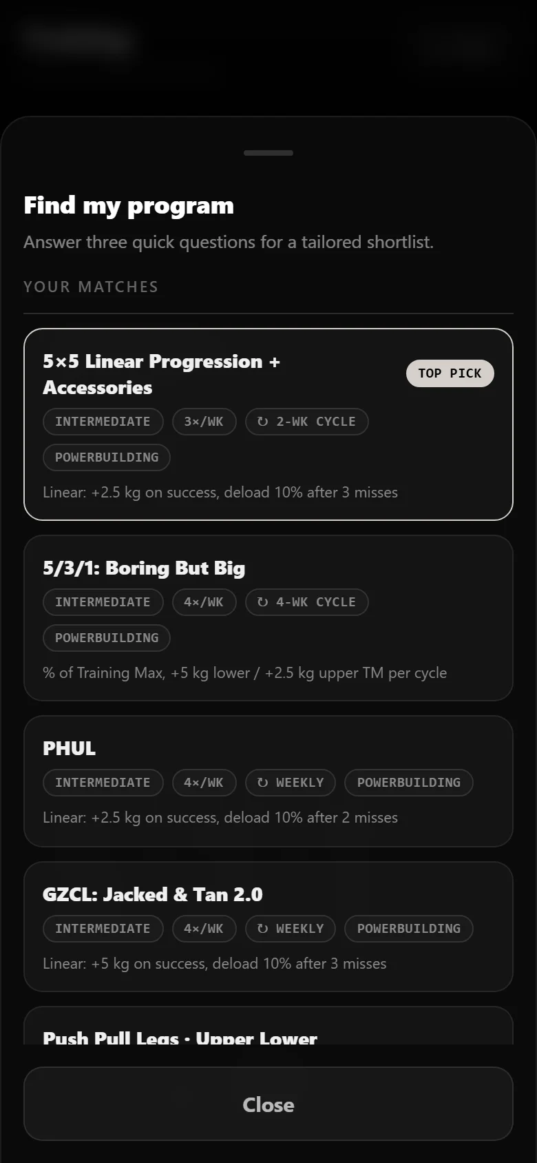 Durata finder results for a powerbuilding profile