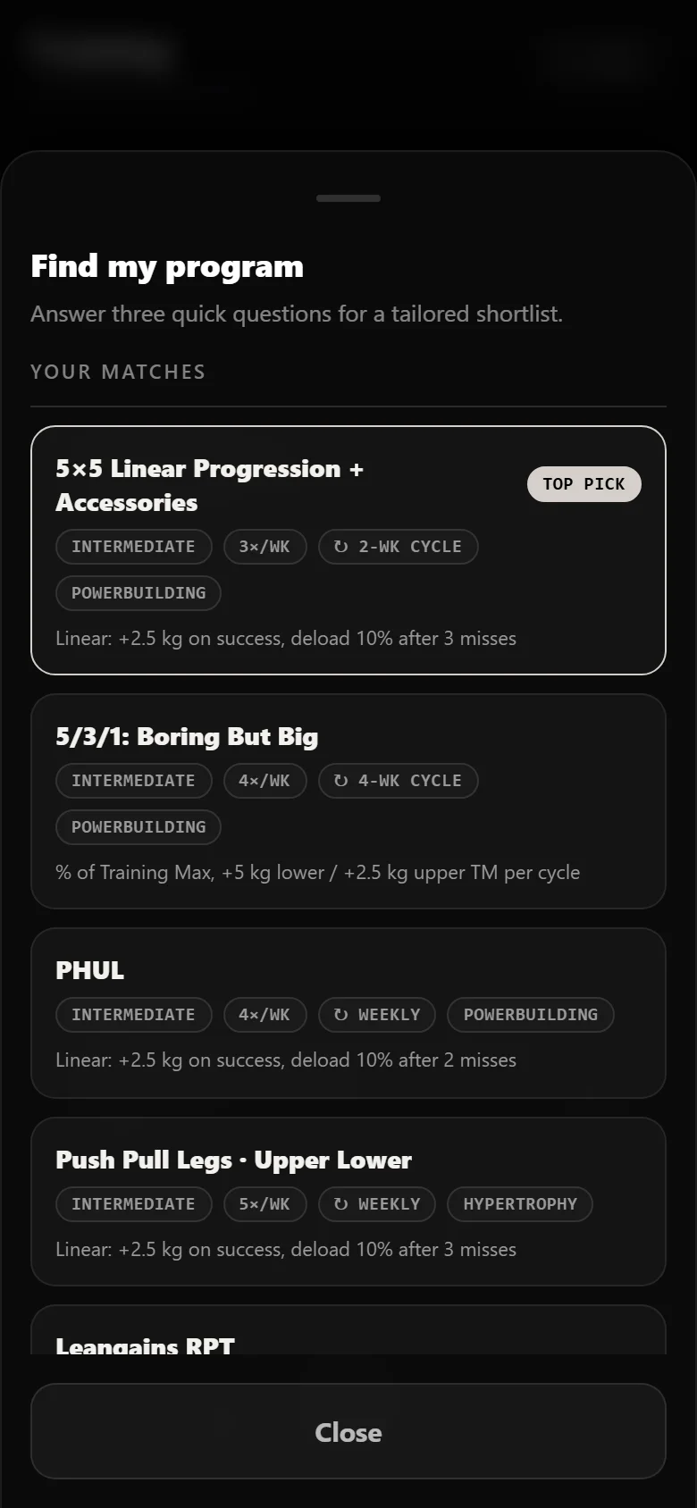 Durata finder results for a powerbuilding profile