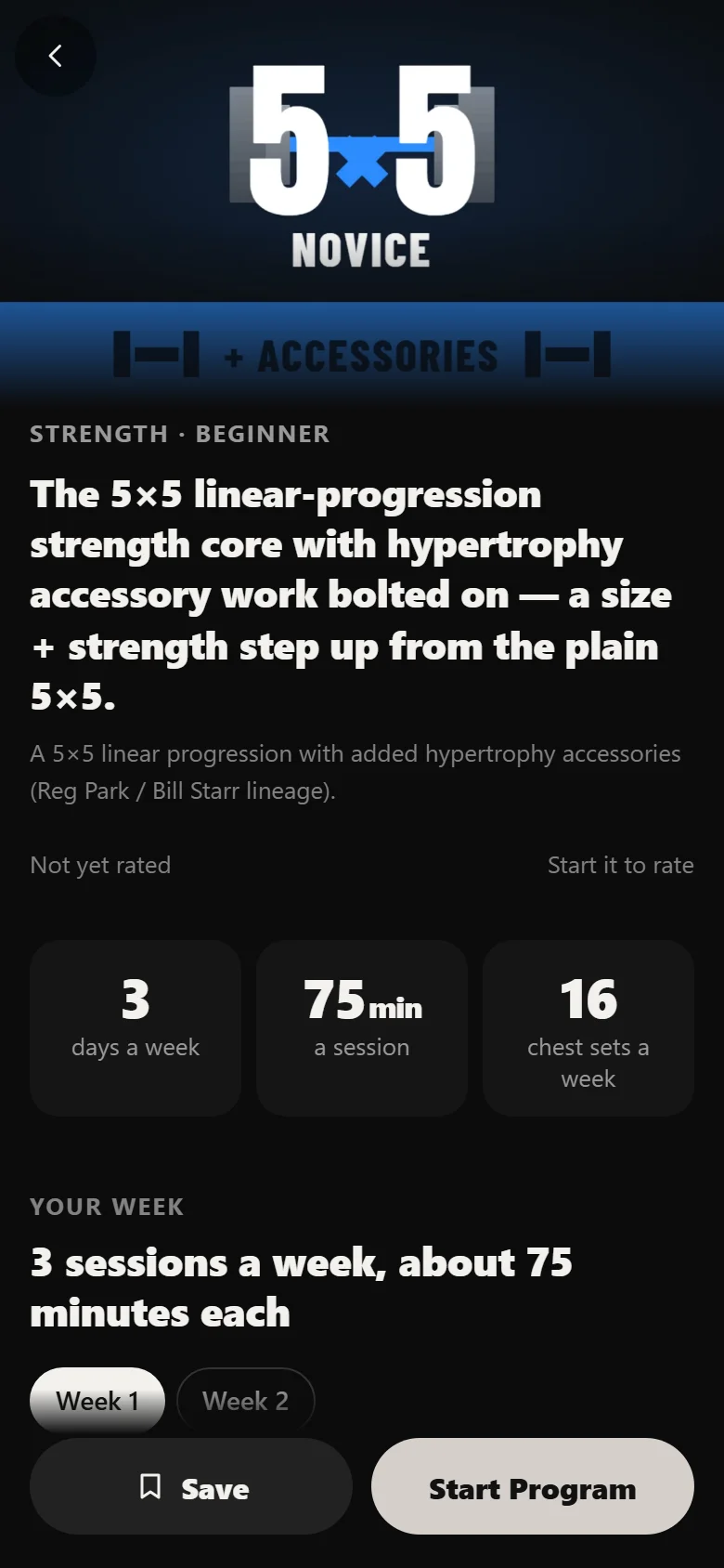 The 5×5 Linear Progression + Accessories program page in Durata showing the week of sessions before you start