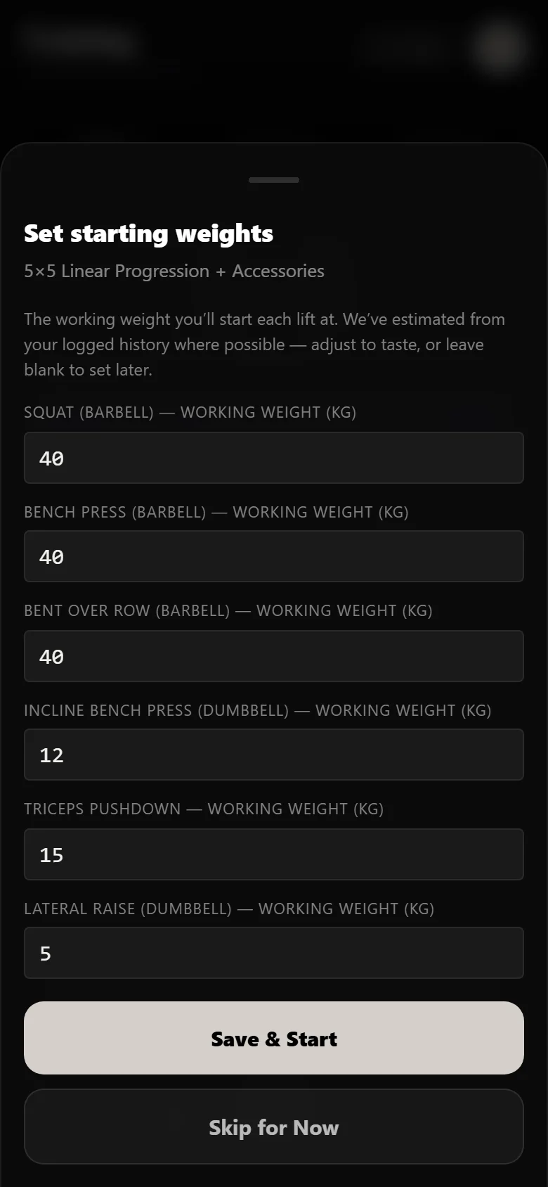 Setting starting working weights when beginning a 5x5 program in Durata, squat at 40 kg