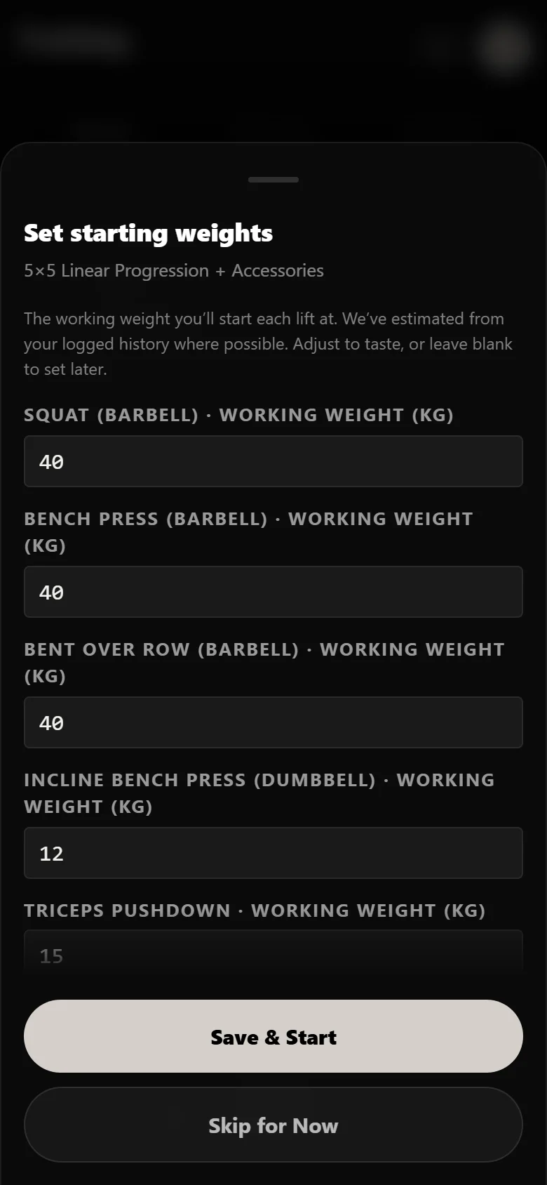 Setting starting working weights when beginning a 5x5 program in Durata, squat at 40 kg