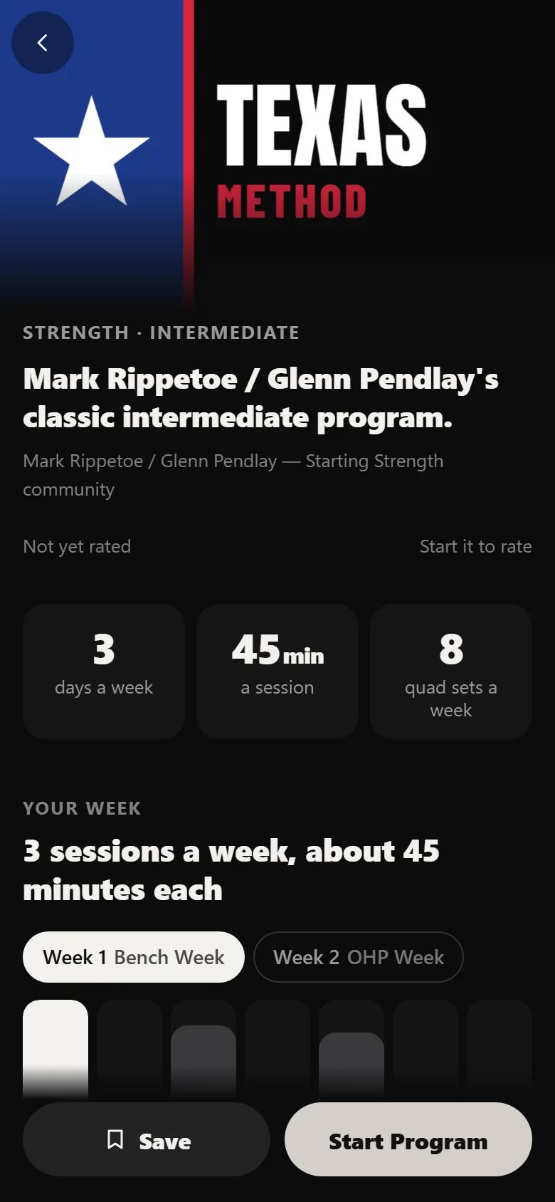 Durata program page for Texas Method showing the schedule and progression rule