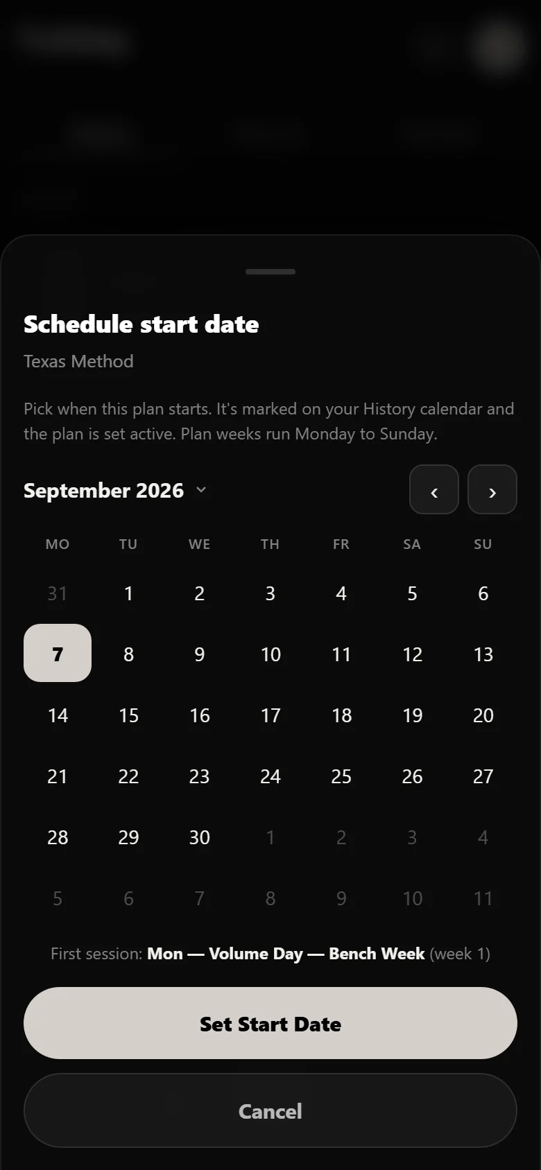 Durata start-date picker with the block marked on the History calendar
