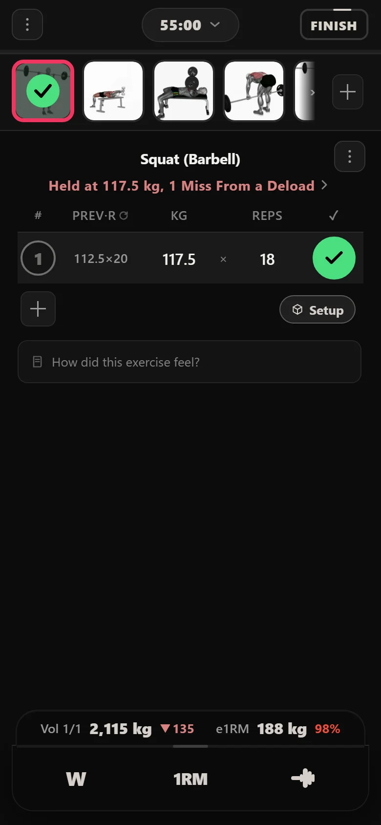 A missed 20-rep squat session in Durata where the weight is held