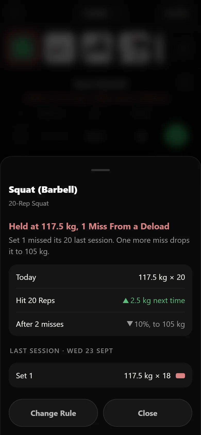 Durata explaining why the 20-rep squat weight was held, showing miss 1 of 2