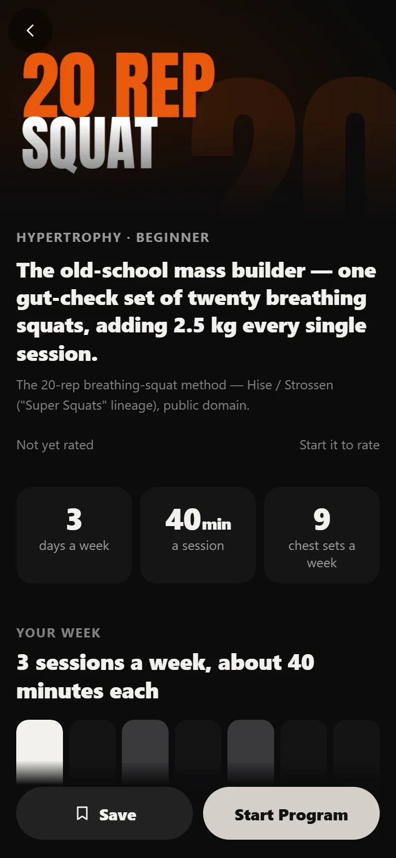 The 20-Rep Squat program page in Durata