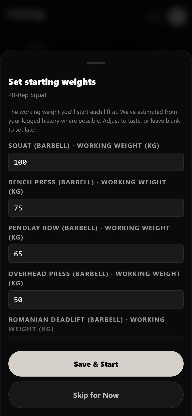 Setting the starting working weight for the 20-rep squat in Durata at 100 kg