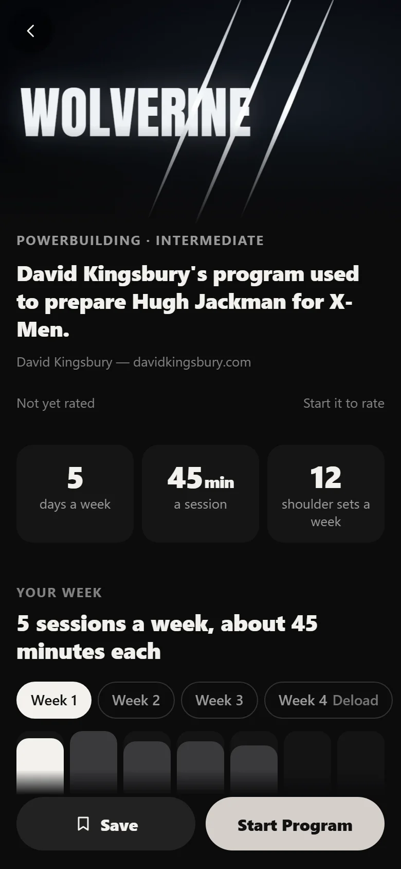 The Wolverine program page in Durata showing the five-day week and the four-week wave