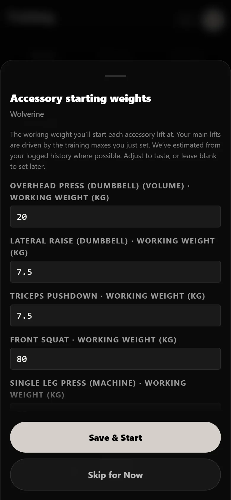 Setting accessory working weights for Wolverine in Durata