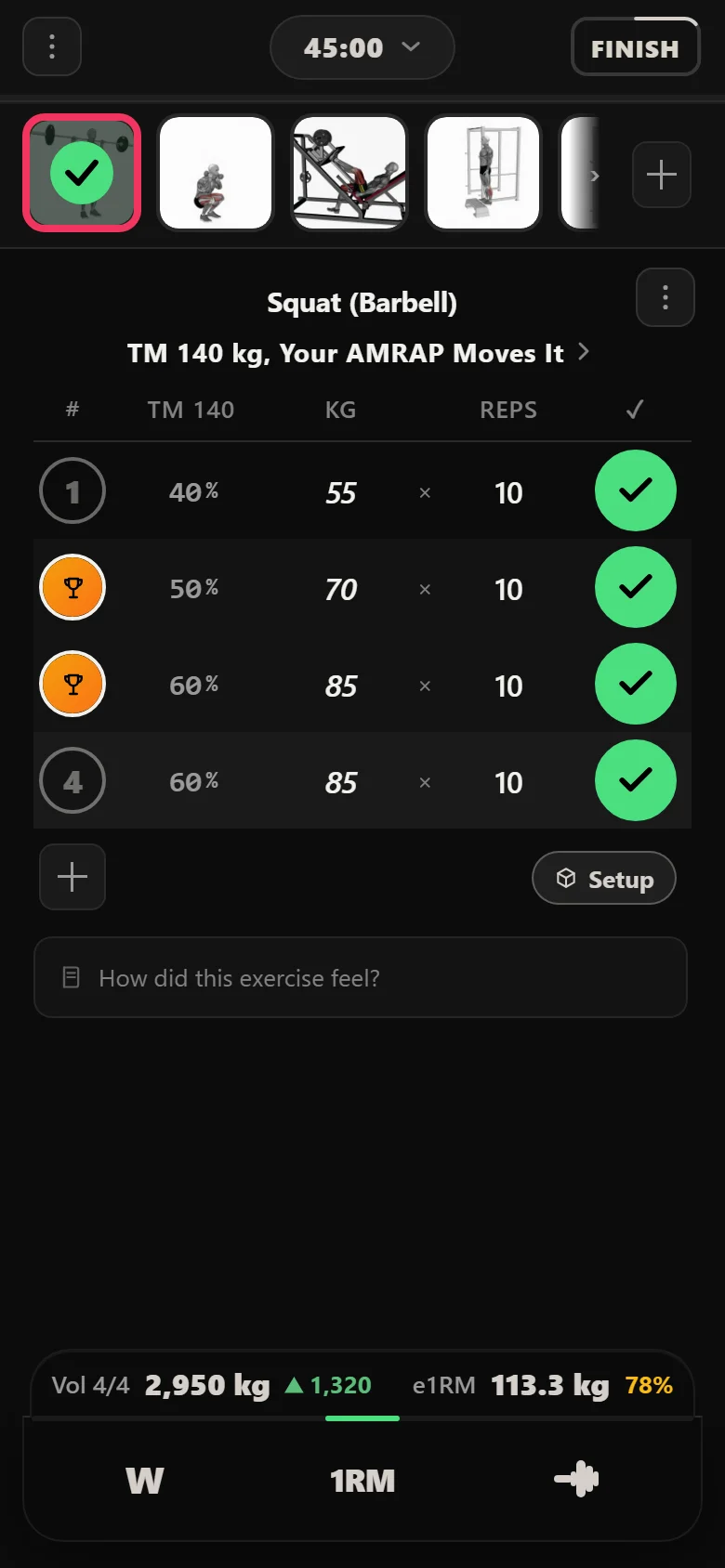 Durata logger showing the squat at 85 kg in the deload week