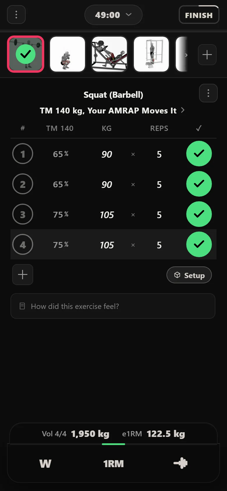 Durata logger showing the squat at 105 kg in week one, under a 140 kg training max