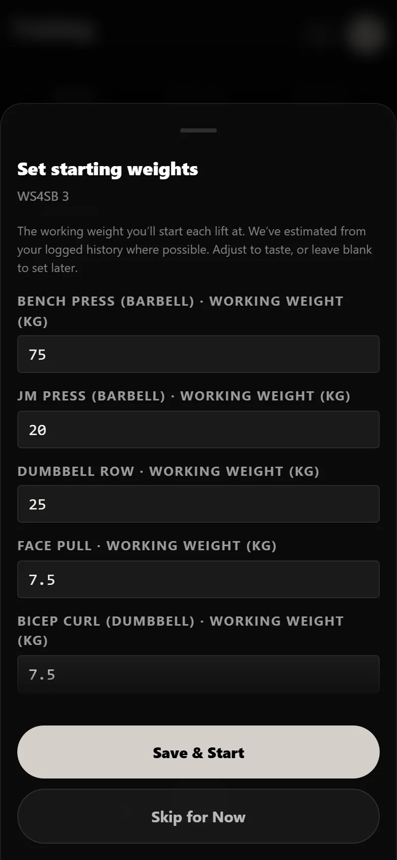 Setting starting working weights when beginning WS4SB 3 in Durata