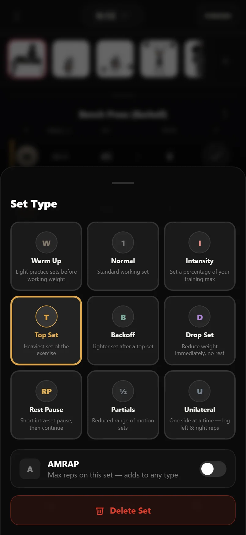 The set-type picker in the Durata logger, opened by tapping a set's number badge