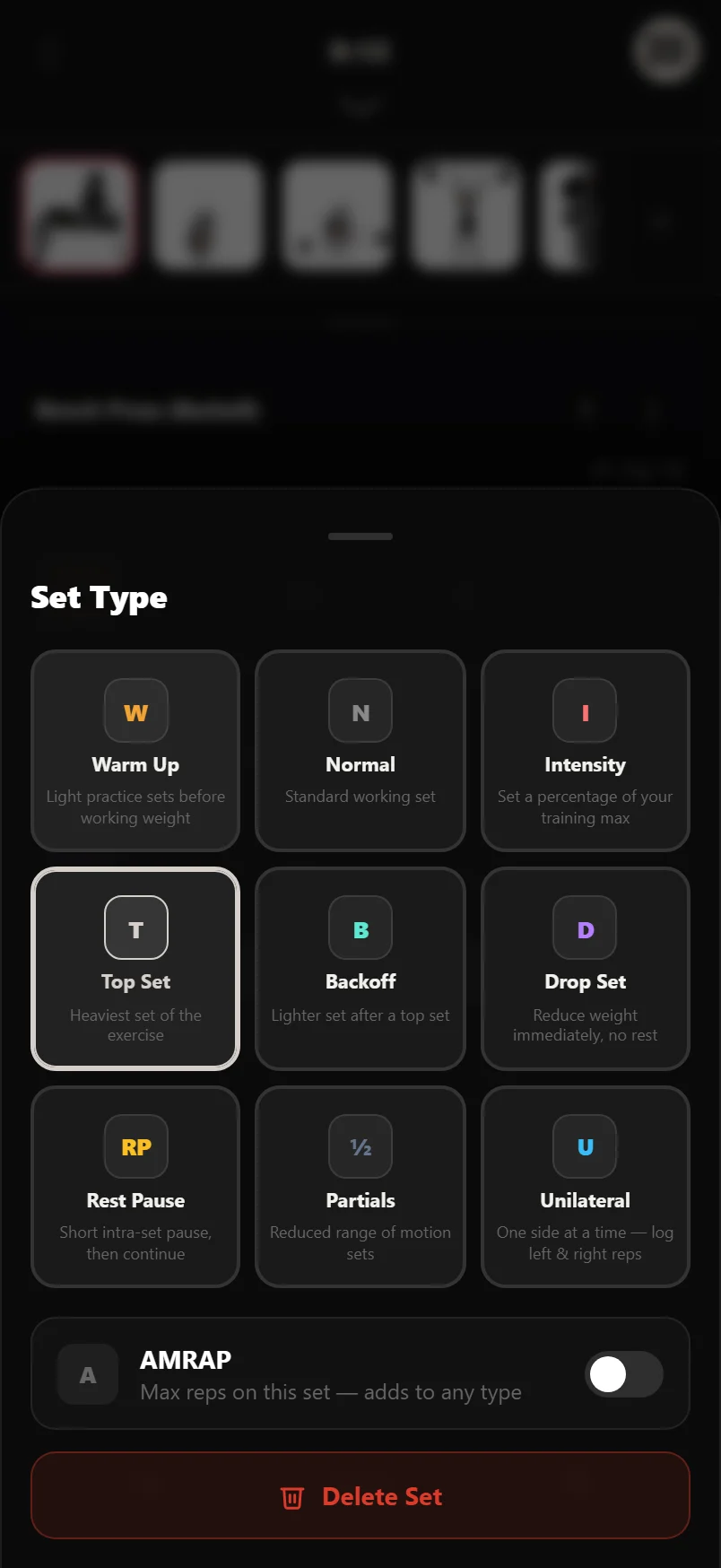 Durata set-type drawer listing all set types with their coloured symbols
