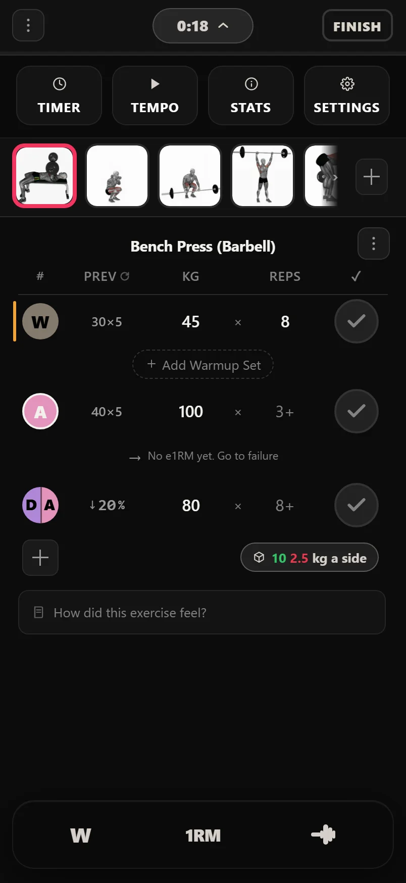 The logger tool tray open under the workout header, showing the TIMER, TEMPO, STATS and SETTINGS buttons