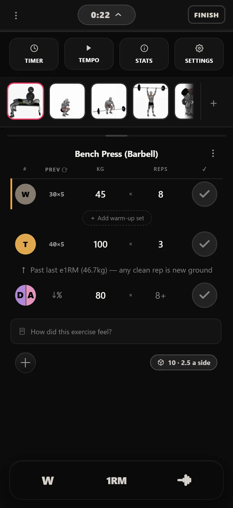The logger tool tray pulled down over a live workout, showing Timer, Tempo, Session Stats and Settings buttons