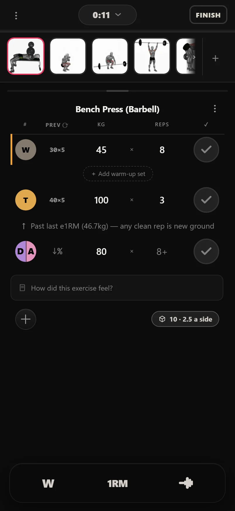 Durata live workout screen showing the exercise carousel at the top and set rows with colour-coded set-type badges