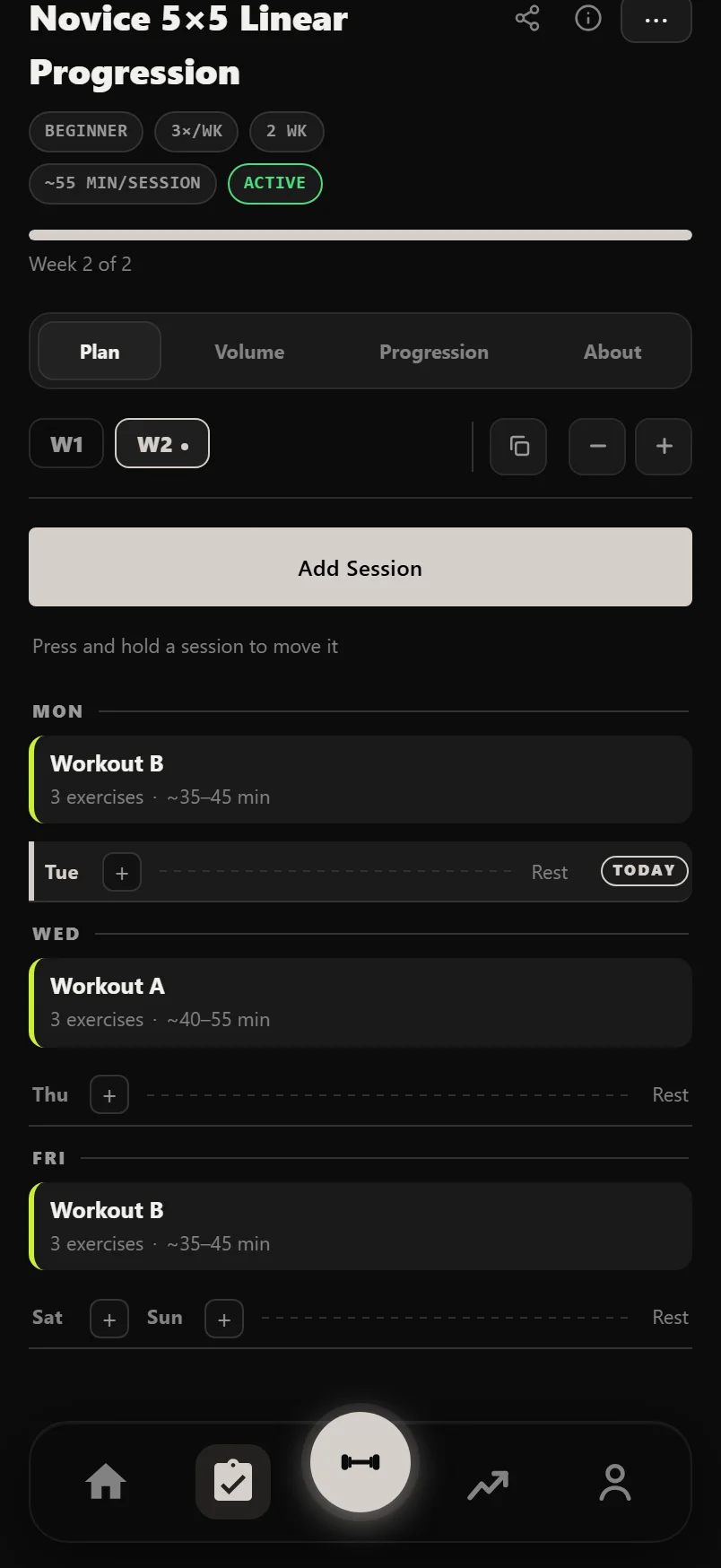 The plan screen on a phone: four segments across the top, then the week chips with copy, minus and plus beside them, an Add Session button, and the week's days below with sessions on them