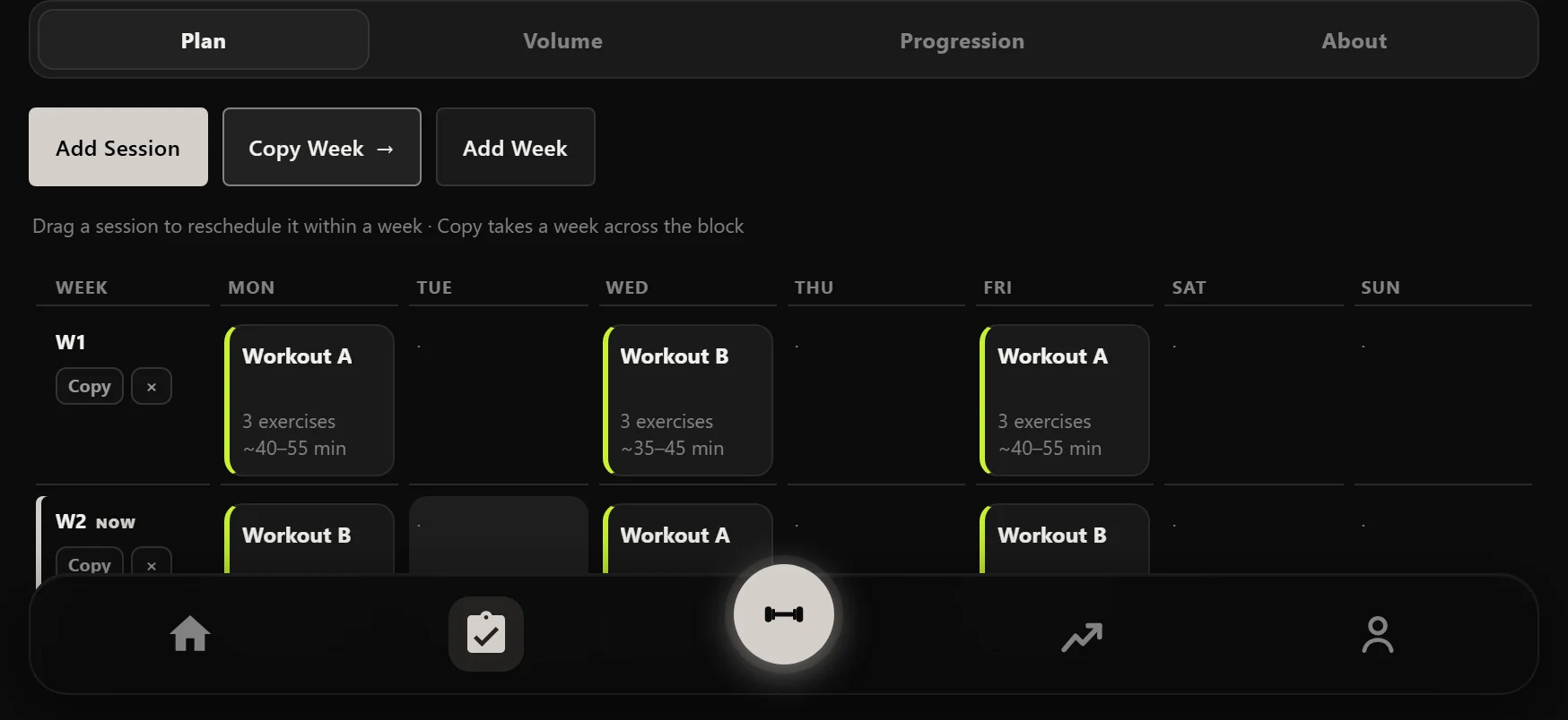 The plan screen in landscape: days of the week as columns and program weeks as rows