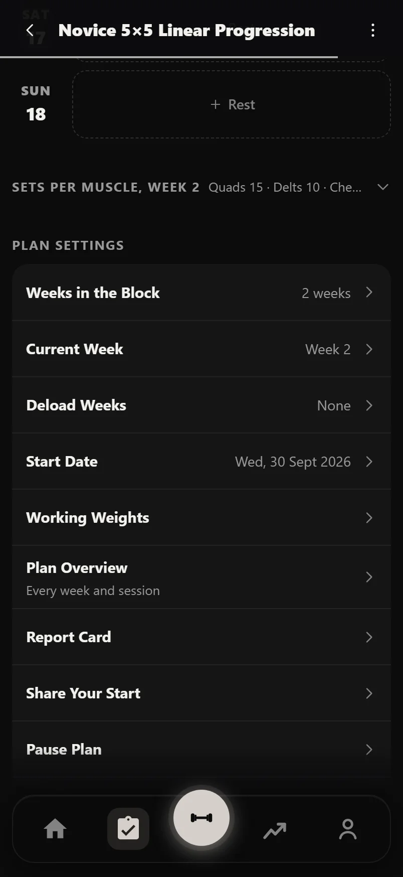 The foot of the planner: Sets per Muscle closed to one line, then the Plan Settings card of rows